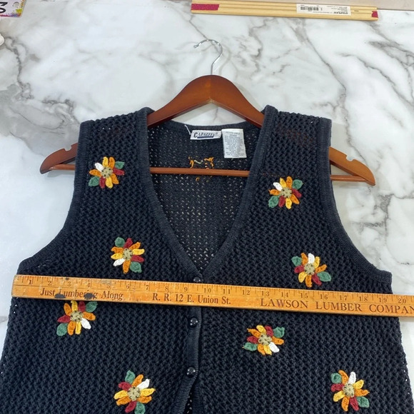 Vintage Cardigan Vest Womens LP Black Floral Grandma Ramie Cotton Knit 80s - Picture 11 of 13